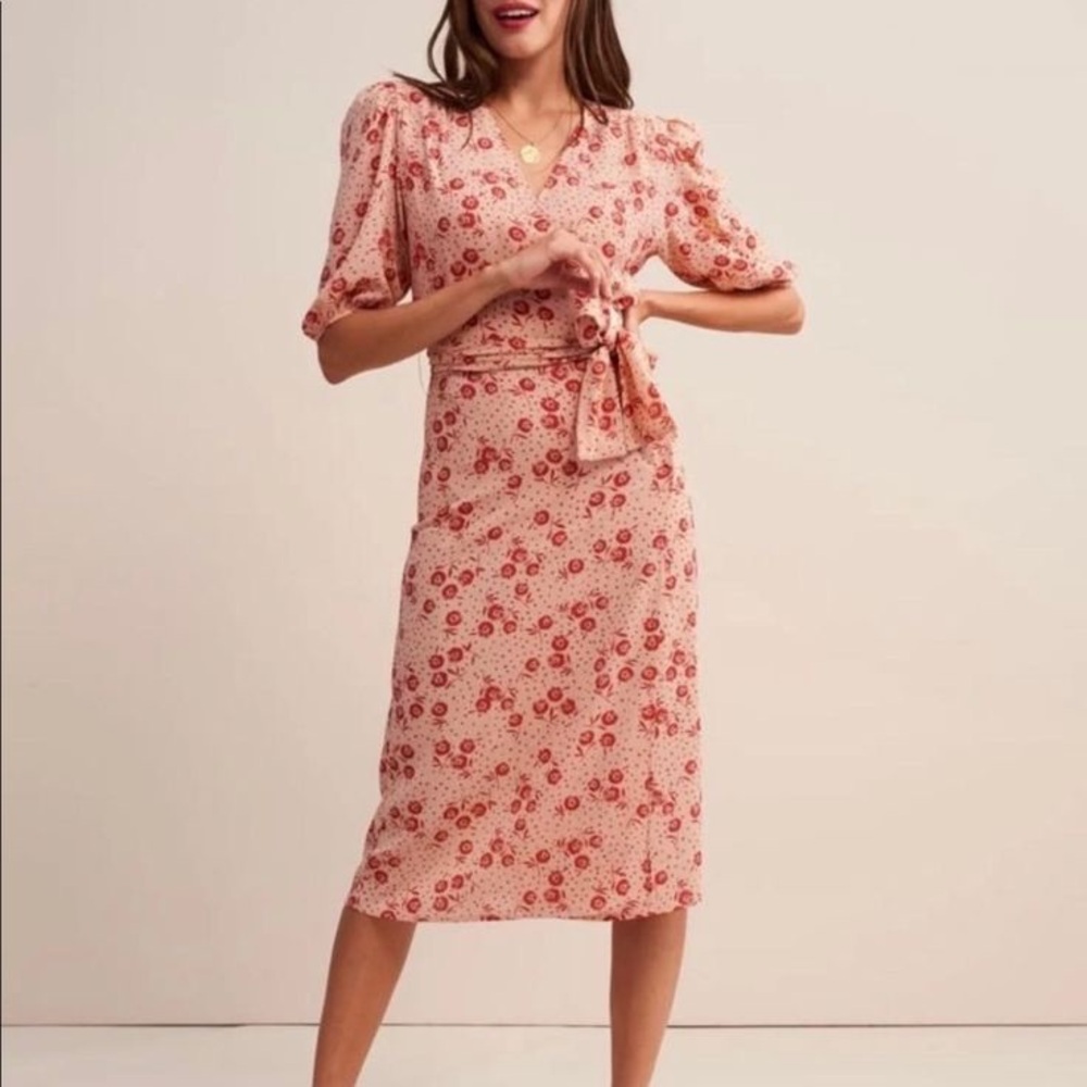 Rouje Rosalie Pink and Red Floral Puff Sleeve Wrap Midi Dress